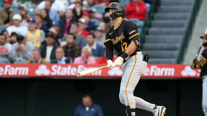 Apr 24, 2025; Anaheim, California, USA; Pittsburgh Pirates first baseman Matt Gorski (62) hits a home run during the first inning against the Los Angeles Angels at Angel Stadium. Gorski hits his first MLB home run in the first MLB at bat. Mandatory Credit: Kiyoshi Mio-Imagn Images Apr 24, 2025; Anaheim, California, USA; Pittsburgh Pirates first baseman Matt Gorski (62) hits a home run during the first inning against the Los Angeles Angels at Angel Stadium. Gorski hits his first MLB home run in the first MLB at bat. Mandatory Credit: Kiyoshi Mio-Imagn Images