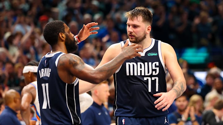 May 11, 2024; Dallas, Texas, USA; Dallas Mavericks guard Luka Doncic (77) celebrates with Dallas Mavericks guard Kyrie Irving (11) after the game against the Oklahoma City Thunder during game three of the second round for the 2024 NBA playoffs at American Airlines Center. Mandatory Credit: Kevin Jairaj-USA TODAY Sports