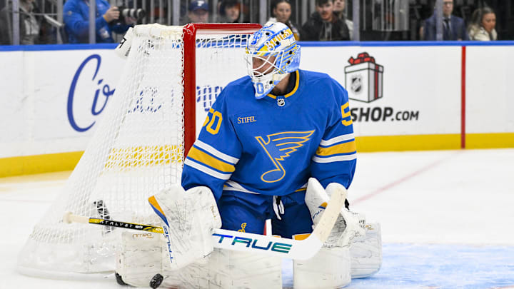 Dec 1, 2025; St. Louis, Missouri, USA; St. Louis Blues goaltender Jordan Binnington (50) defends the net against the Anaheim Ducks during the first period at Enterprise Center. Mandatory Credit: Jeff Curry-Imagn Images