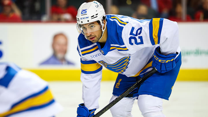Oct 11, 2025; Calgary, Alberta, CAN; St. Louis Blues right wing Jordan Kyrou (25) during the face off against the Calgary Flames during the third period at Scotiabank Saddledome. Mandatory Credit: Sergei Belski-Imagn Images