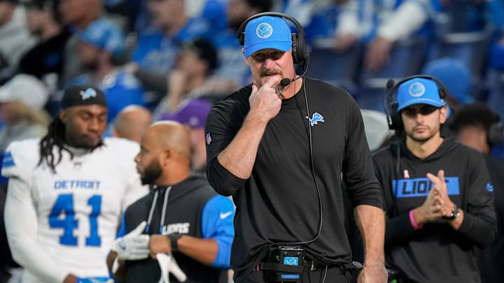 Detroit Lions head coach Dan Campbell walks the sideline Sunday, Nov. 24, 2024, during a game against the Indianapolis Colts at Lucas Oil Stadium in Indianapolis.