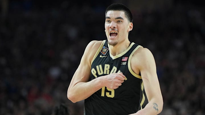 Purdue Boilermakers center Zach Edey (15) reacts after a play against the Connecticut Huskies