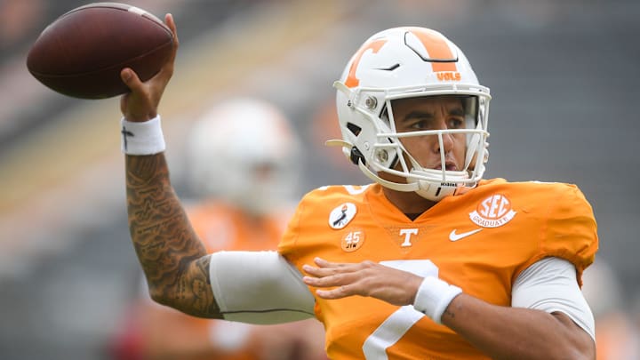 Tennessee quarterback Jarrett Guarantano (2) warms up before a game between Tennessee and Alabama at Neyland Stadium in Knoxville, Tenn. Saturday, Oct. 24, 2020. Tennessee quarterback Jarrett Guarantano (2) warms up before a game between Tennessee and Alabama at Neyland Stadium in Knoxville, Tenn. Saturday, Oct. 24, 2020.