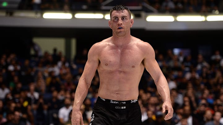 Sep 28, 2019; Anaheim, CA, USA; Mason Fowler (red) fights Valdir Araujo (blue) during the ADCC World