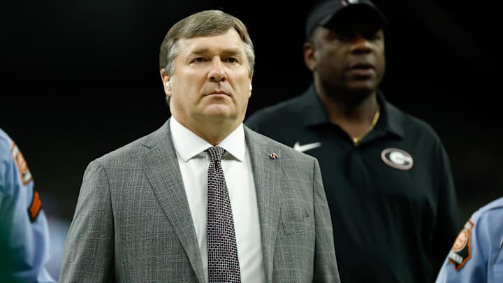Jan 1, 2026; New Orleans, LA, USA; Georgia Bulldogs head coach Kirby Smart arrives prior to the 2026 Sugar Bowl and quarterfinal game of the College Football Playoff against the Mississippi Rebels at Caesars Superdome. Mandatory Credit: Amber Searls-Imagn Images