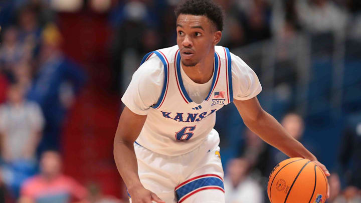 Kansas Jayhawks guard Rylan Griffen (6) runs a route during the second half of the game against North Carolina-Wilmington Seahawks inside Allen Fieldhouse Tuesday, Nov. 19, 2024. Kansas Jayhawks guard Rylan Griffen (6) runs a route during the second half of the game against North Carolina-Wilmington Seahawks inside Allen Fieldhouse Tuesday, Nov. 19, 2024.