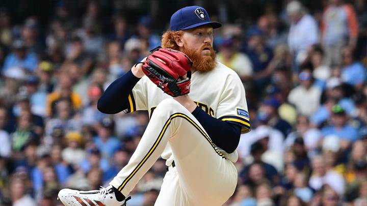 Aug 6, 2026; Milwaukee, Wisconsin, USA; Milwaukee Brewers starting pitcher Dustin May (21) throws a pitch in the first inning against the Pittsburgh Pirates at American Family Field. Mandatory Credit: Benny Sieu-Imagn Images