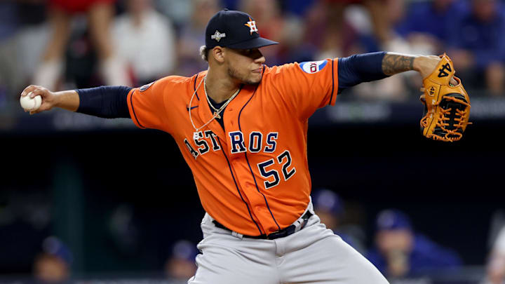 Oct 20, 2023; Arlington, Texas, USA; Houston Astros pitcher Bryan Abreu (52) throws during the
