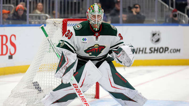 Nov 7, 2025; Elmont, New York, USA; Minnesota Wild goaltender Jesper Wallstedt (30) tends net against the New York Islanders during the second period at UBS Arena. Mandatory Credit: Brad Penner-Imagn Images