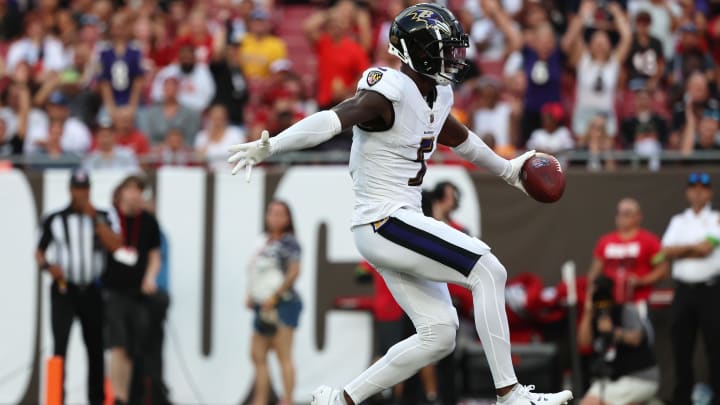 Aug 26, 2023; Tampa, Florida, USA; Baltimore Ravens wide receiver Laquon Treadwell (5) runs the ball in for a touchdown against the Tampa Bay Buccaneers during the first quarter at Raymond James Stadium. Mandatory Credit: Kim Klement Neitzel-USA TODAY Sports Aug 26, 2023; Tampa, Florida, USA; Baltimore Ravens wide receiver Laquon Treadwell (5) runs the ball in for a touchdown against the Tampa Bay Buccaneers during the first quarter at Raymond James Stadium. Mandatory Credit: Kim Klement Neitzel-USA TODAY Sports