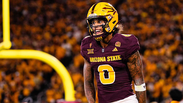 Aug 30, 2025; Tempe, Arizona, USA;  Arizona State Sun Devils wide receiver Jordyn Tyson (0) celebrates his touchdown in the first quarter between Arizona State Sun Devils and Northern Arizona Lumberjacks at Mountain America Stadium. Mandatory Credit: Arianna Grainey-Imagn Images