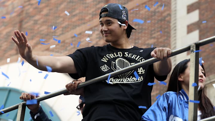 Nov 3, 2025; Los Angeles, CA, USA; Los Angeles Dodgers two-way player Shohei Ohtani acknowledges the crowd during the World Series championship parade at downtown Los Angeles. Mandatory Credit: Kiyoshi Mio-Imagn Images