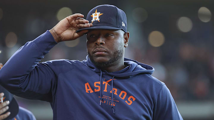 Aug 31, 2024; Houston, Texas, USA; Houston Astros relief pitcher Hector Neris (50) before the game against the Kansas City Royals at Minute Maid Park. Aug 31, 2024; Houston, Texas, USA; Houston Astros relief pitcher Hector Neris (50) before the game against the Kansas City Royals at Minute Maid Park.