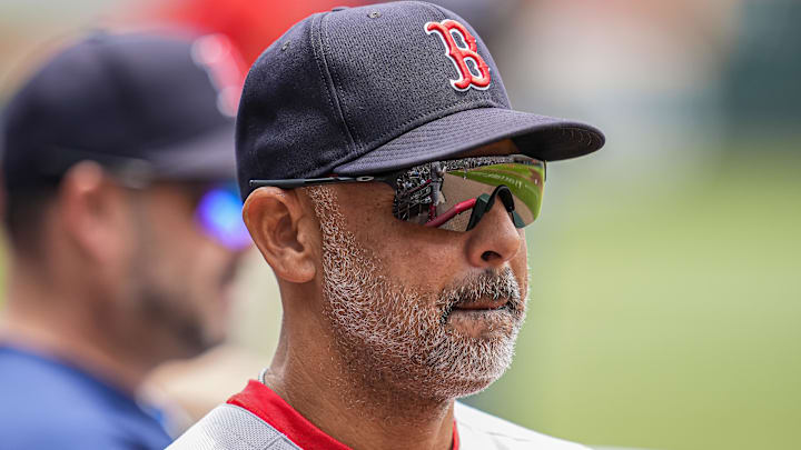 Jun 1, 2025; Cumberland, Georgia, USA; Boston Red Sox manager Alex Cora (13) shown in the dugout before the game against the Atlanta Braves at Truist Park. Mandatory Credit: Dale Zanine-Imagn Images Jun 1, 2025; Cumberland, Georgia, USA; Boston Red Sox manager Alex Cora (13) shown in the dugout before the game against the Atlanta Braves at Truist Park. Mandatory Credit: Dale Zanine-Imagn Images