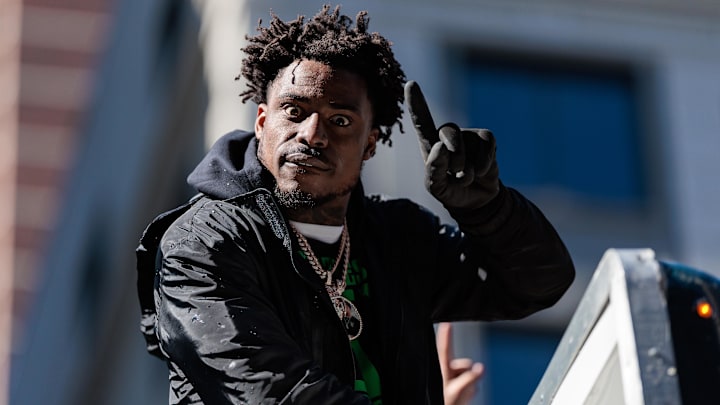 Feb 14, 2025; Philadelphia, PA, USA; Philadelphia Eagles safety C.J. Gardner-Johnson (8) celebrates during the Super Bowl LIX championship parade and rally. Mandatory Credit: Caean Couto-Imagn Images