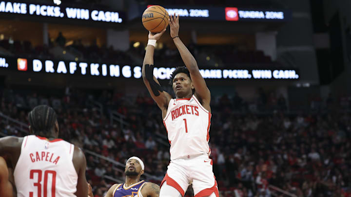 Dec 5, 2025; Houston, Texas, USA; Houston Rockets guard Amen Thompson (1) shoots the ball during the second quarter against the Phoenix Suns at Toyota Center. Mandatory Credit: Troy Taormina-Imagn Images Dec 5, 2025; Houston, Texas, USA; Houston Rockets guard Amen Thompson (1) shoots the ball during the second quarter against the Phoenix Suns at Toyota Center. Mandatory Credit: Troy Taormina-Imagn Images