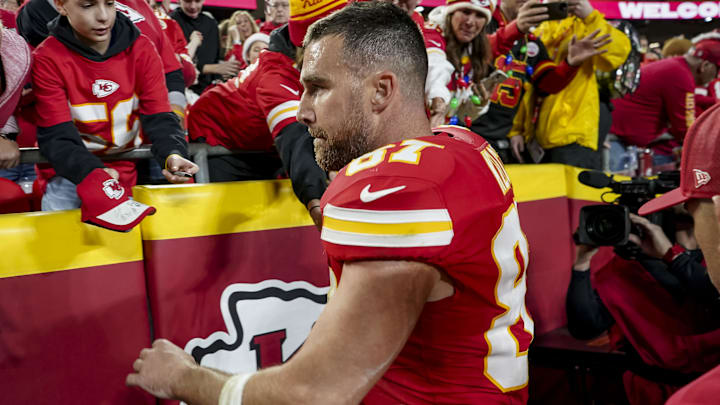 Dec 25, 2025; Kansas City, Missouri, USA; Kansas City Chiefs tight end Travis Kelce (87) after the game at GEHA Field at Arrowhead Stadium. Mandatory Credit: Denny Medley-Imagn Images Dec 25, 2025; Kansas City, Missouri, USA; Kansas City Chiefs tight end Travis Kelce (87) after the game at GEHA Field at Arrowhead Stadium. Mandatory Credit: Denny Medley-Imagn Images