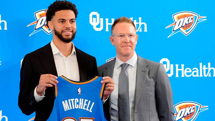 Ajay Mitchell stands with Thunder general manager Sam Presti during an introductory press conference for the 2024 Thunder draft picks at Oklahoma Contemporary Arts Center in Oklahoma City, Saturday, June, 29, 2024. Ajay Mitchell stands with Thunder general manager Sam Presti during an introductory press conference for the 2024 Thunder draft picks at Oklahoma Contemporary Arts Center in Oklahoma City, Saturday, June, 29, 2024.