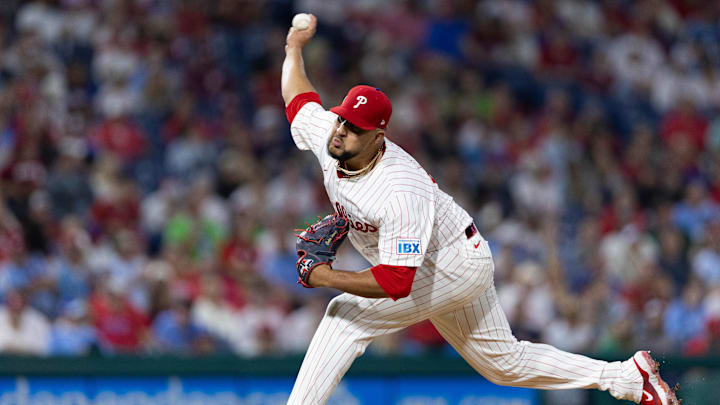 Sep 11, 2024; Philadelphia, Pennsylvania, USA; Philadelphia Phillies pitcher Carlos Estevez (53) throws a pitch during the ninth inning against the Tampa Bay Rays at Citizens Bank Park. 