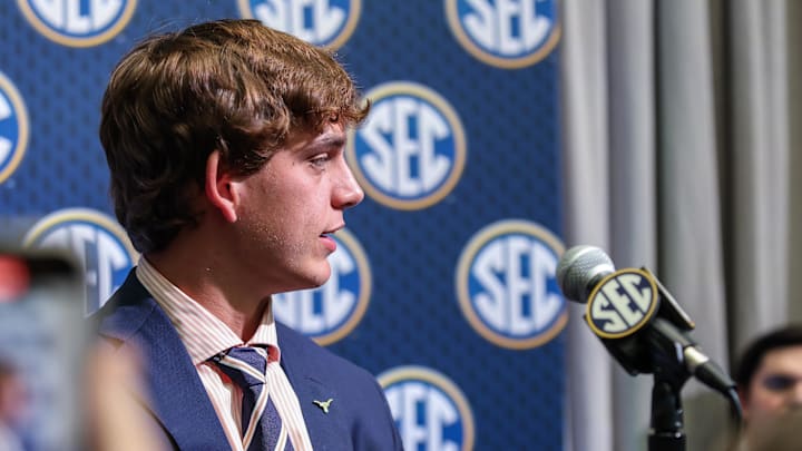 Jul 15, 2025; Atlanta, GA, USA; Texas Longhorns quarterback Arch Manning answers questions from the media during SEC Media Days at Omni Atlanta Hotel. Mandatory Credit: Jordan Godfree-Imagn Images