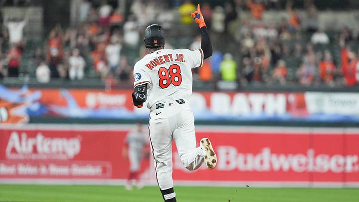 Sep 3, 2026; Baltimore, Maryland, USA; Baltimore Orioles center fielder Luis Robert Jr. (88) reacts to hitting a home run as he rounds the bases against the Boston Red Sox during the fourth inning at Oriole Park at Camden Yards. Mandatory Credit: Gregory Fisher-Imagn Images Sep 3, 2026; Baltimore, Maryland, USA; Baltimore Orioles center fielder Luis Robert Jr. (88) reacts to hitting a home run as he rounds the bases against the Boston Red Sox during the fourth inning at Oriole Park at Camden Yards. Mandatory Credit: Gregory Fisher-Imagn Images