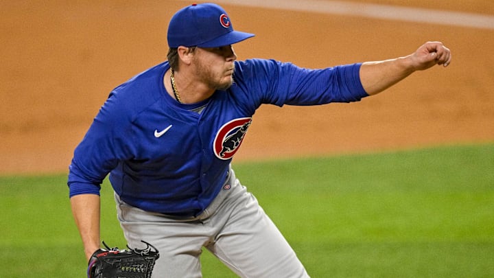 Mar 31, 2024; Arlington, Texas, USA; Chicago Cubs starting pitcher Justin Steele (35) pitches Mar 31, 2024; Arlington, Texas, USA; Chicago Cubs starting pitcher Justin Steele (35) pitches