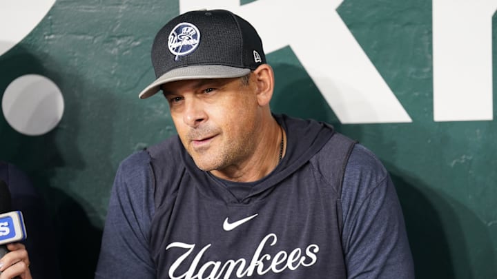 Sep 3, 2024; Arlington, Texas, USA; New York Yankees manager Aaron Boone speaks with reporters before the game against the Texas Rangers at Globe Life Field. Mandatory Credit: Jim Cowsert-Imagn Images Sep 3, 2024; Arlington, Texas, USA; New York Yankees manager Aaron Boone speaks with reporters before the game against the Texas Rangers at Globe Life Field. Mandatory Credit: Jim Cowsert-Imagn Images
