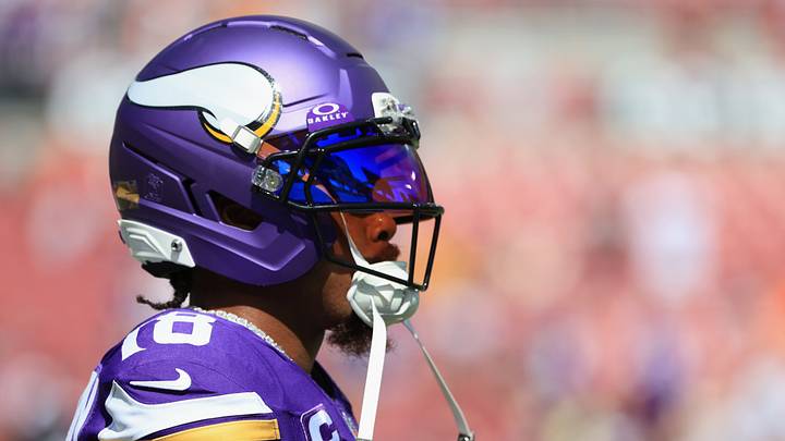 Sep 27, 2026; Tampa, Florida, USA; Minnesota Vikings wide receiver Justin Jefferson (18) looks on during warmups prior to the game against the Tampa Bay Buccaneers at Raymond James Stadium. Sep 27, 2026; Tampa, Florida, USA; Minnesota Vikings wide receiver Justin Jefferson (18) looks on during warmups prior to the game against the Tampa Bay Buccaneers at Raymond James Stadium.