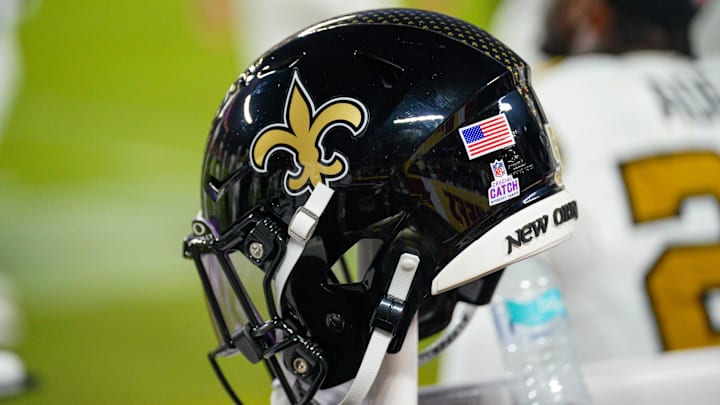 Oct 7, 2024; Kansas City, Missouri, USA; A general view of a New Orleans Saints helmet against the Kansas City Chiefs during the first half at GEHA Field at Arrowhead Stadium. Mandatory Credit: Denny Medley-Imagn Images
