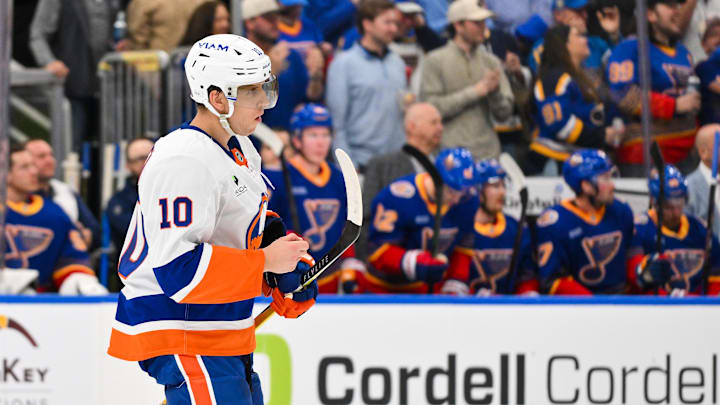 Mar 10, 2026; St. Louis, Missouri, USA; New York Islanders center Brayden Schenn (10) looks on during the second period against the St. Louis Blues  at Enterprise Center. Mandatory Credit: Jeff Curry-Imagn Images