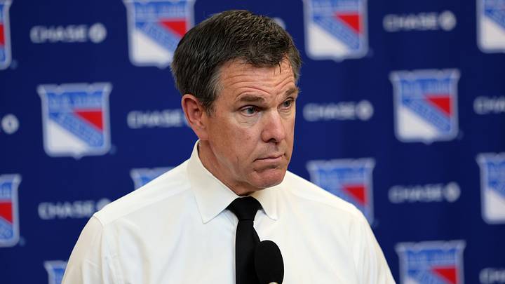 Apr 5, 2026; New York, New York, USA; New York Rangers head coach Mike Sullivan speaks to reporters after an 8-1 win against the Washington Capitals at Madison Square Garden. Mandatory Credit: Danny Wild-Imagn Images