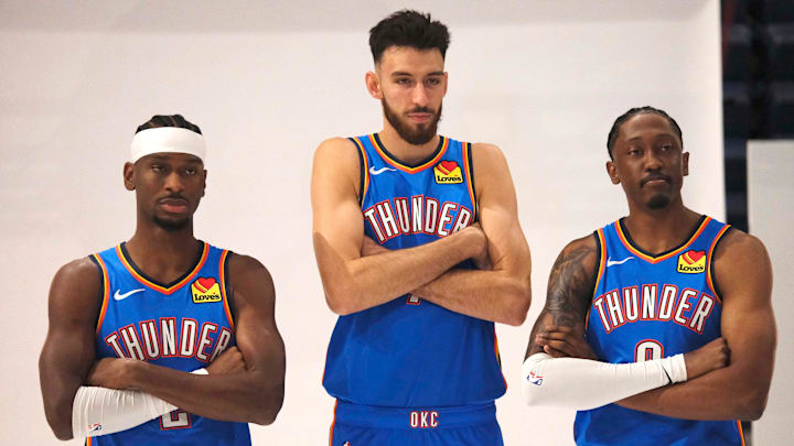 Shai Gilgeous-Alexander (2), Chet Holmgren (7) and Jalen Williams (8) during the Thunder Media Day for the 25-26 NBA season at the Paycom Center Monday, Sept. 29, 2025. Shai Gilgeous-Alexander (2), Chet Holmgren (7) and Jalen Williams (8) during the Thunder Media Day for the 25-26 NBA season at the Paycom Center Monday, Sept. 29, 2025.