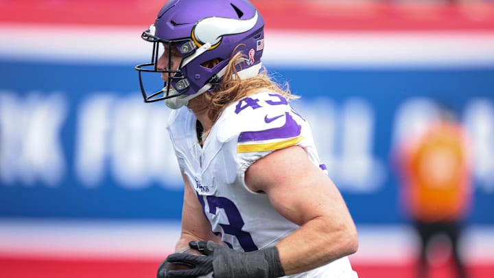 Sep 8, 2024; East Rutherford, New Jersey, USA; Minnesota Vikings linebacker Andrew Van Ginkel (43) returns an interception for a touchdown during the second half against the New York Giants at MetLife Stadium. Sep 8, 2024; East Rutherford, New Jersey, USA; Minnesota Vikings linebacker Andrew Van Ginkel (43) returns an interception for a touchdown during the second half against the New York Giants at MetLife Stadium.