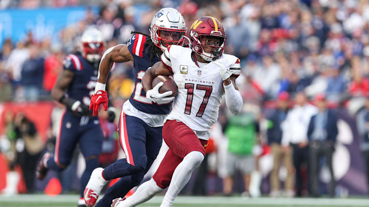 Nov 5, 2023; Foxborough, Massachusetts, USA; Washington Commanders receiver Terry McLaurin (17) runs