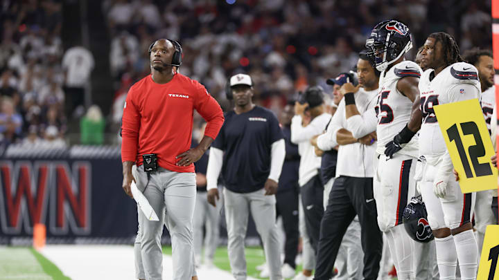 Sep 15, 2024; Houston, Texas, USA; Houston Texans head coach DeMeco Ryans walks the sidelines while coaching against the Chicago Bears in the third quarter at NRG Stadium. Mandatory Credit: Thomas Shea-Imagn Images