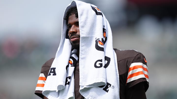 Aug 16, 2025; Philadelphia, Pennsylvania, USA; Cleveland Browns quarterback Shedeur Sanders (12) looks on before the game against the Philadelphia Eagles at Lincoln Financial Field. Mandatory Credit: Kyle Ross-Imagn Images