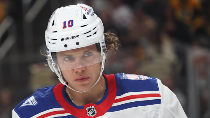 Oct 11, 2025; Pittsburgh, Pennsylvania, USA;  New York Rangers left wing Artemi Panarin (10) looks on against the Pittsburgh Penguins during the third period at PPG Paints Arena. Mandatory Credit: Charles LeClaire-Imagn Images