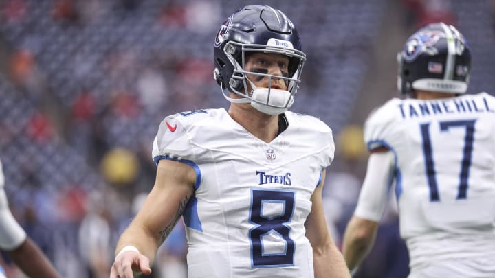 Dec 31, 2023; Houston, Texas, USA; Tennessee Titans quarterback Will Levis (8) before the game against the Houston Texans at NRG Stadium.