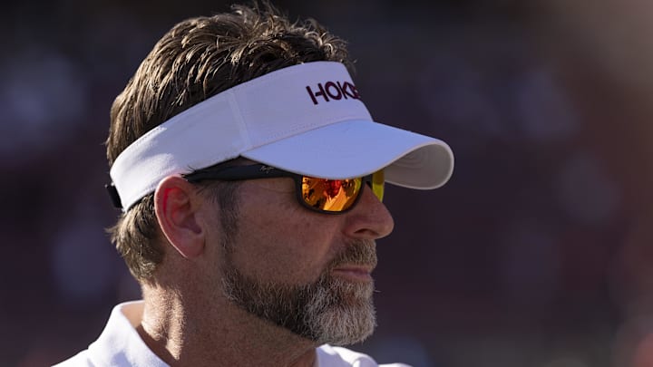 Oct 5, 2024; Stanford, Calif.; Virginia Tech head coach Brent Pry is interviewed after defeating Stanford.