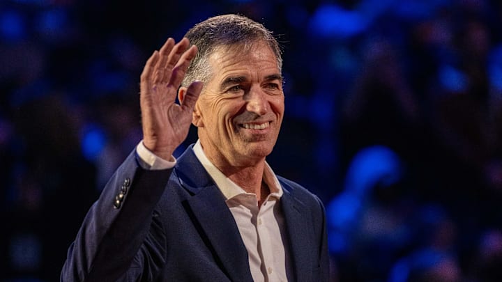 February 20, 2022; Cleveland, Ohio, USA; NBA great John Stockton is honored for being selected to the NBA 75th Anniversary Team during halftime in the 2022 NBA All-Star Game at Rocket Mortgage FieldHouse. Mandatory Credit: Kyle Terada-Imagn Images February 20, 2022; Cleveland, Ohio, USA; NBA great John Stockton is honored for being selected to the NBA 75th Anniversary Team during halftime in the 2022 NBA All-Star Game at Rocket Mortgage FieldHouse. Mandatory Credit: Kyle Terada-Imagn Images