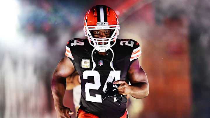 Nov 21, 2024; Cleveland, Ohio, USA; Cleveland Browns running back Nick Chubb (24) is introduced before the game between the Browns and the Pittsburgh Steelers at Huntington Bank Field.