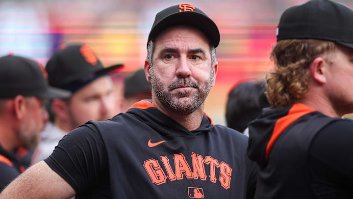 Jul 21, 2025; Atlanta, Georgia, USA; San Francisco Giants starting pitcher Justin Verlander (35) in the dugout against the Atlanta Braves in the first inning at Truist Park. Jul 21, 2025; Atlanta, Georgia, USA; San Francisco Giants starting pitcher Justin Verlander (35) in the dugout against the Atlanta Braves in the first inning at Truist Park.
