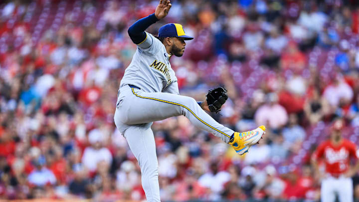Jun 3, 2025; Cincinnati, Ohio, USA; Milwaukee Brewers starting pitcher Freddy Peralta (51) pitches against the Cincinnati Reds in the first inning at Great American Ball Park. Mandatory Credit: Katie Stratman-Imagn Images