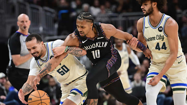 Nov 29, 2025; Milwaukee, Wisconsin, USA; Milwaukee Bucks guard Cole Anthony (50) and Brooklyn Nets guard Tyson Etienne (10) chase a loose ball in the fourth quarter at Fiserv Forum. Mandatory Credit: Benny Sieu-Imagn Images Nov 29, 2025; Milwaukee, Wisconsin, USA; Milwaukee Bucks guard Cole Anthony (50) and Brooklyn Nets guard Tyson Etienne (10) chase a loose ball in the fourth quarter at Fiserv Forum. Mandatory Credit: Benny Sieu-Imagn Images