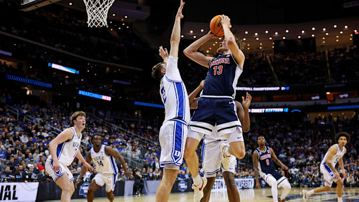 Arizona Wildcats forward Henri Veesaar (13) shoots the ball against Duke Blue Devils forward Cooper Flagg (2) during the 2025 NCAA Tournament.