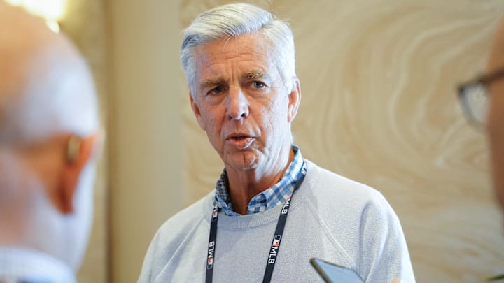 Nov 9, 2022; Las Vegas, NV, USA; Philadelphia Phillies president of baseball operations Dave Dombrowski answers questions from the media during the MLB GM Meetings at The Conrad Las Vegas. Mandatory Credit: Lucas Peltier-Imagn Images