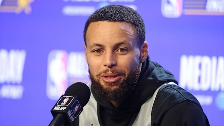 Stephen Curry (30) of the Golden State Warriors talks to the press during NBA All Star practice at Gainbridge Fieldhouse. 