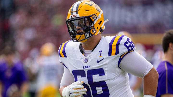 Sep 14, 2024; Columbia, South Carolina, USA; LSU Tigers offensive tackle Will Campbell (66) warms up before a game against the South Carolina Gamecocks at Williams-Brice Stadium. Mandatory Credit: Scott Kinser-Imagn Images