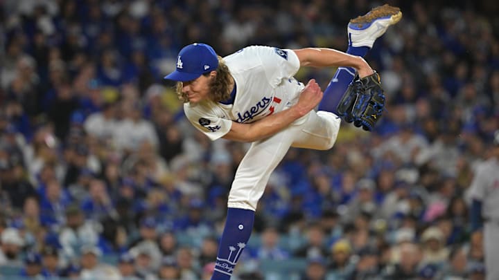 Mar 31, 2025; Los Angeles, California, USA;  Los Angeles Dodgers starting pitcher Tyler Glasnow (31) delivers to the plate in the fifth inning against the Atlanta Braves at Dodger Stadium. Mandatory Credit: Jayne Kamin-Oncea-Imagn Images