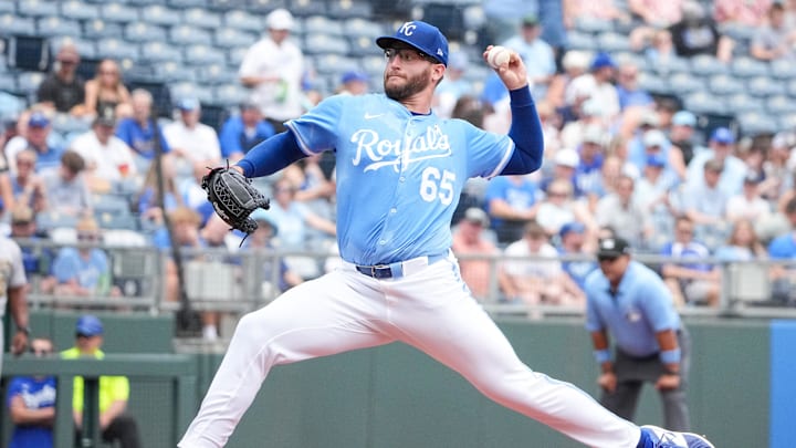 Kansas City, Missouri, USA; Kansas City Royals starting pitcher Noah Cameron (65) delivers a pitch against the Athletics during the first inning of the game at Kauffman Stadium.